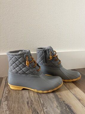 Women's Sperry Grey Quilted Duck Boots with Mustard Accents